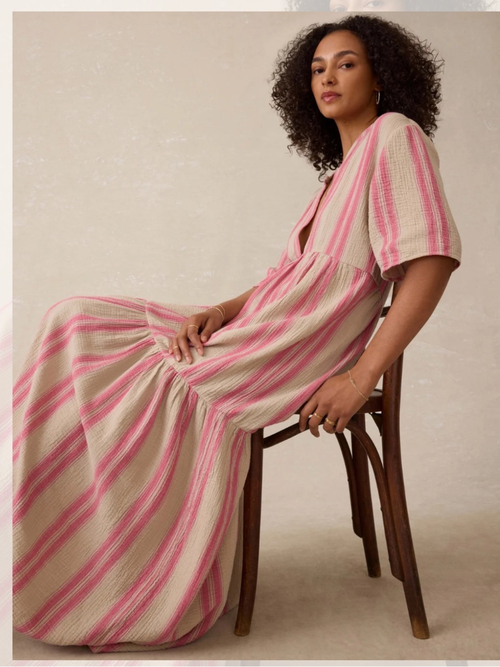 Faherty Pink and Cream Dune Cotton Gauze Wesley Dress in Medium